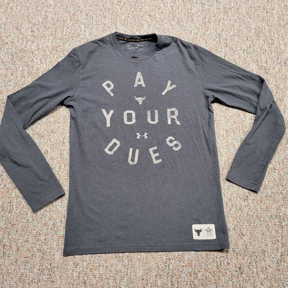 Under Armour Project Rock Shirt Mens Small Gray Pay Your Dues HeatGear‎ Workout